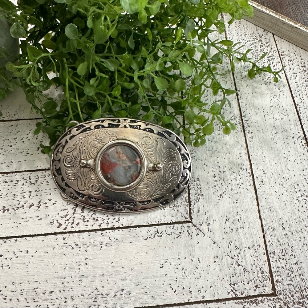 Silver Western Belt Buckle with agate stone resin red gray accent